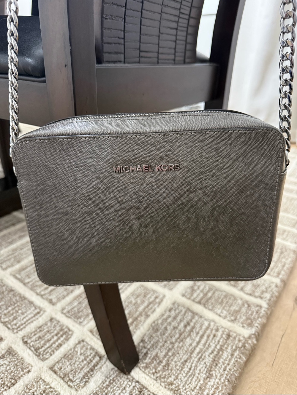 Michael Kors Jet Set Saffiano Leather Crossbody Bag Dark Grey with Silver